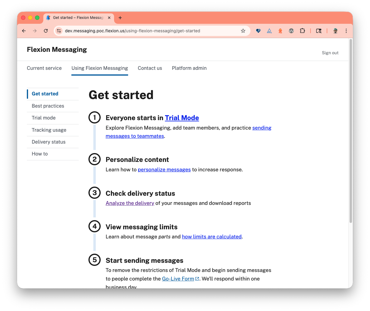 Get started guide with steps for using Flexion Messaging